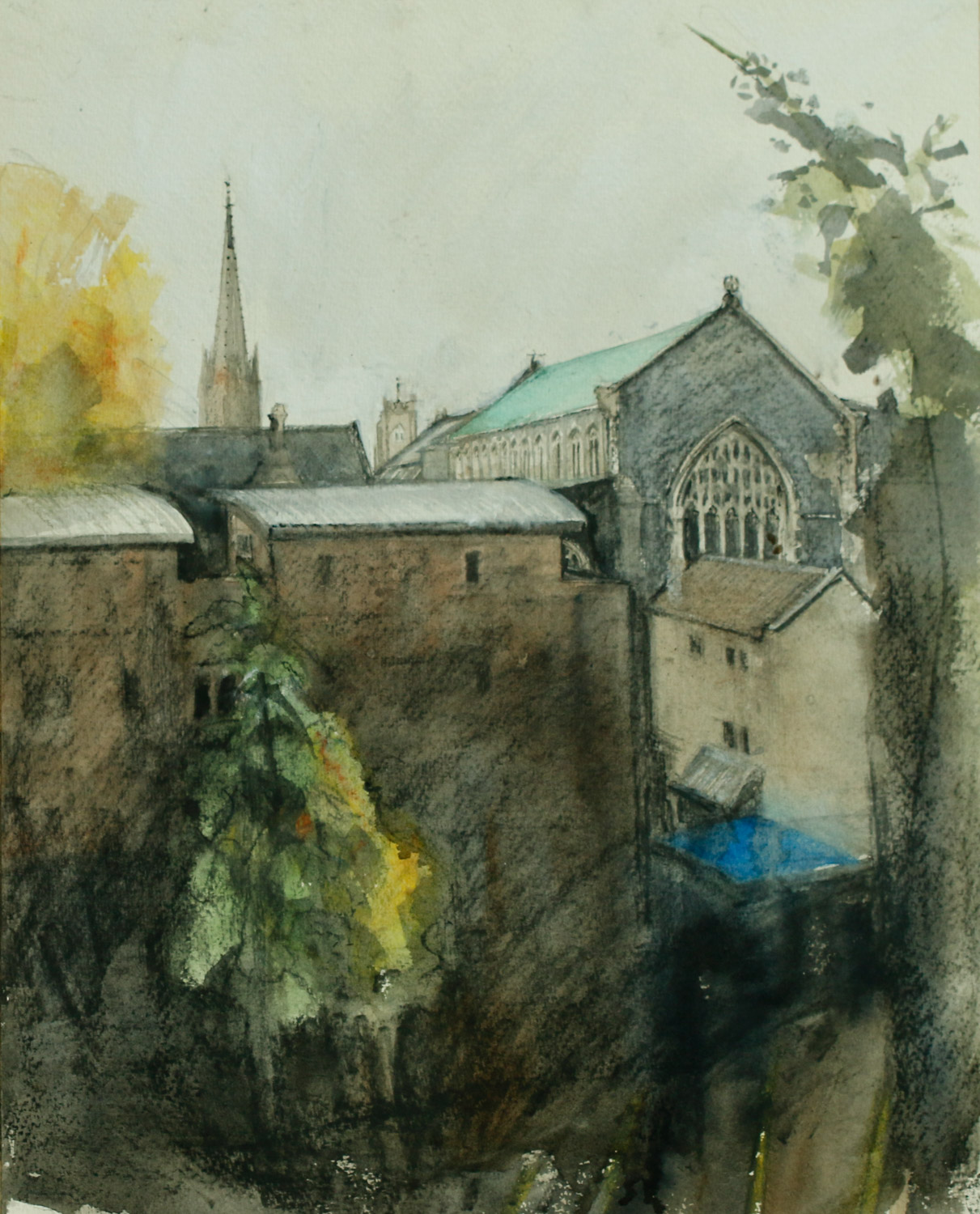 Artist Alexandra Egan - St Andrews Hall from St Andrews Car Park, £320 17x21 Graphite & Watercolour on Paper at Paint Out Norwich 2015