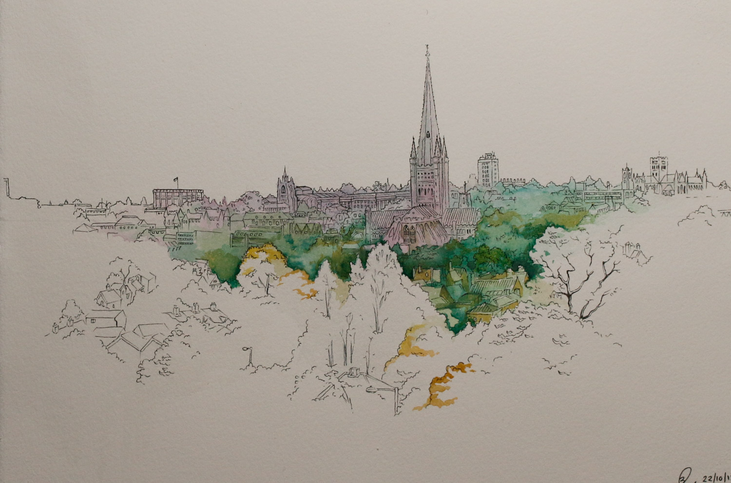 Artist Beverley Coraldean - Norwich Landmarks from Mousehold, £250 7x11 Watercolour & Ink on Paper at Paint Out Norwich 2015