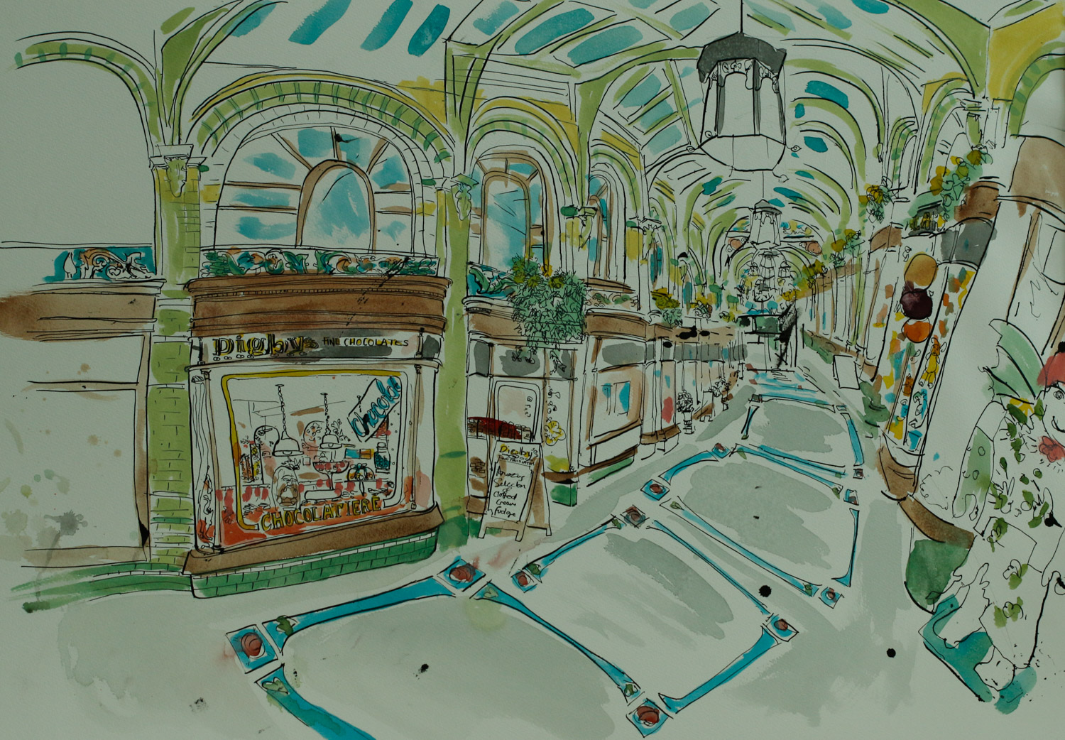Artist Eloise O'Hare - Chocolate Arcade 18x26.5 Pen, Ink & Watercolour on Paper at Paint Out Norwich 2015