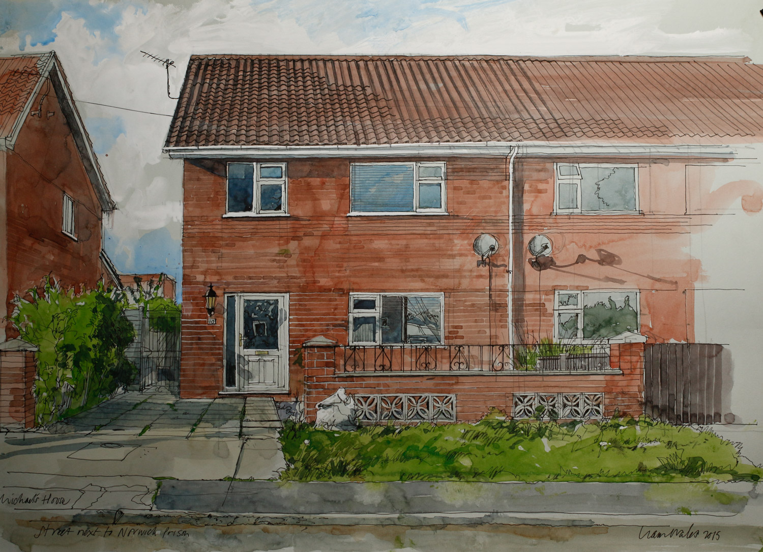 Artist Liam Wales - Michael's House 16x24 Ink, Watercolour & Charcoal on Paper at Paint Out Norwich 2015 photo by Mark Ivan Benfield 6645