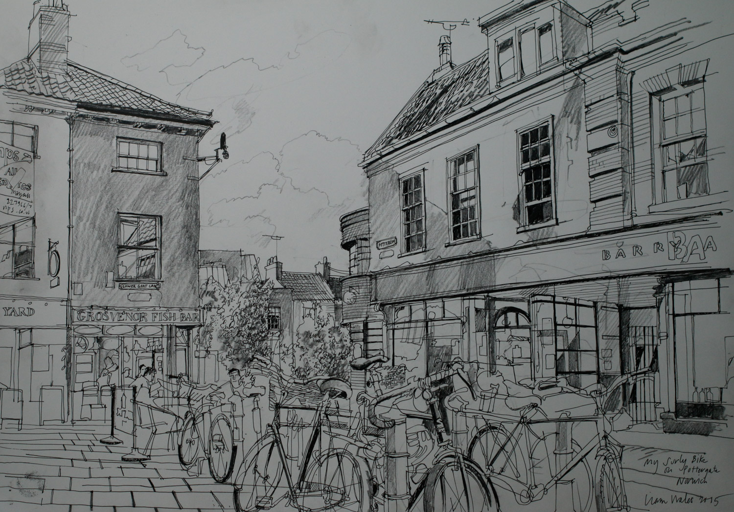 Artist Liam Wales - My Surly Bike on Pottergate, £750 16x24 Ink & Charcoal on Paper at Paint Out Norwich 2015