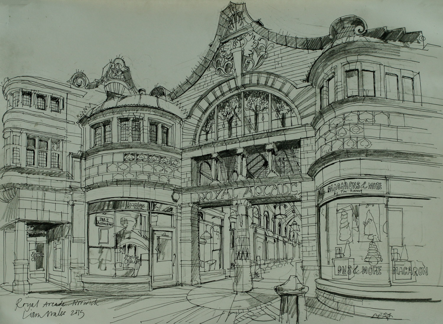 Artist Liam Wales - Royal Arcade, £750 16x24 Ink & Charcoal on Paper at Paint Out Norwich 2015