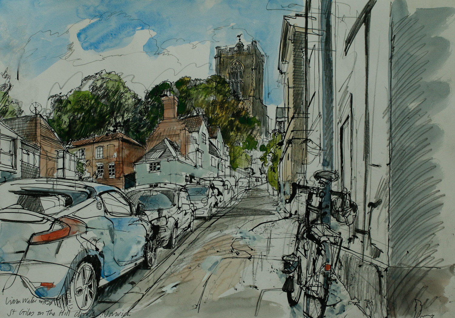 Artist Liam Wales - St Giles on the Hill 16x24 Ink, Watercolour & Charcoal on Paper at Paint Out Norwich 2015