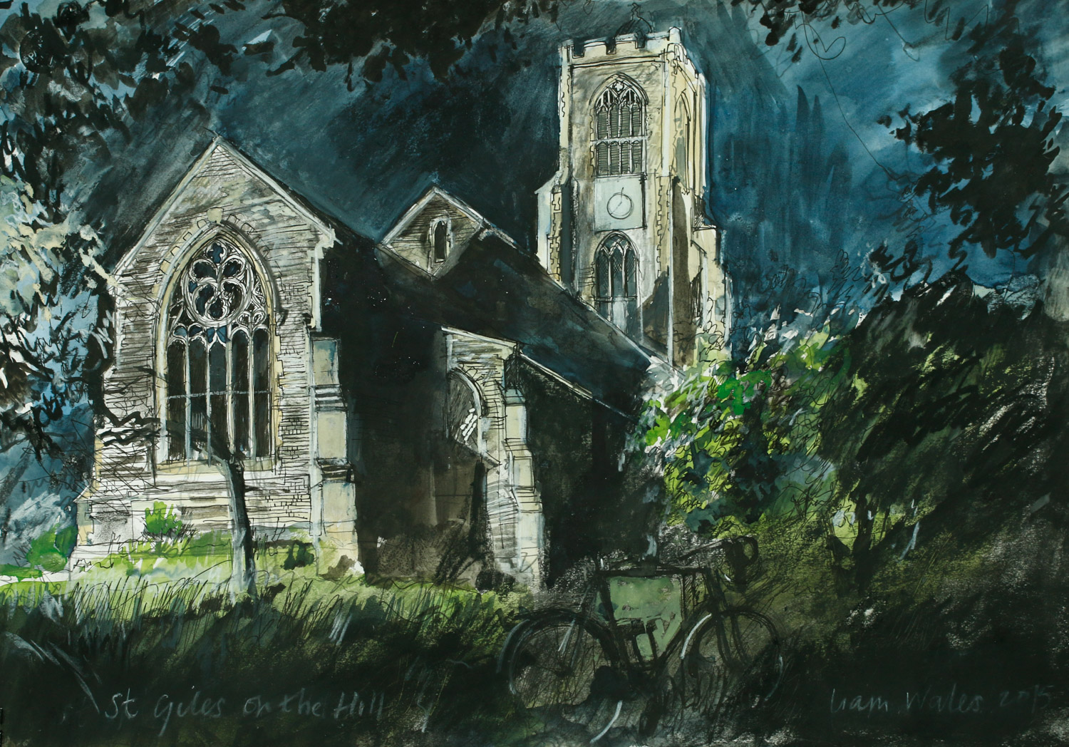 Artist Liam Wales - St Giles on the Hill at Night, SOLD, 16x24 Ink, Watercolour & Charcoal on Paper at Paint Out Norwich 2015