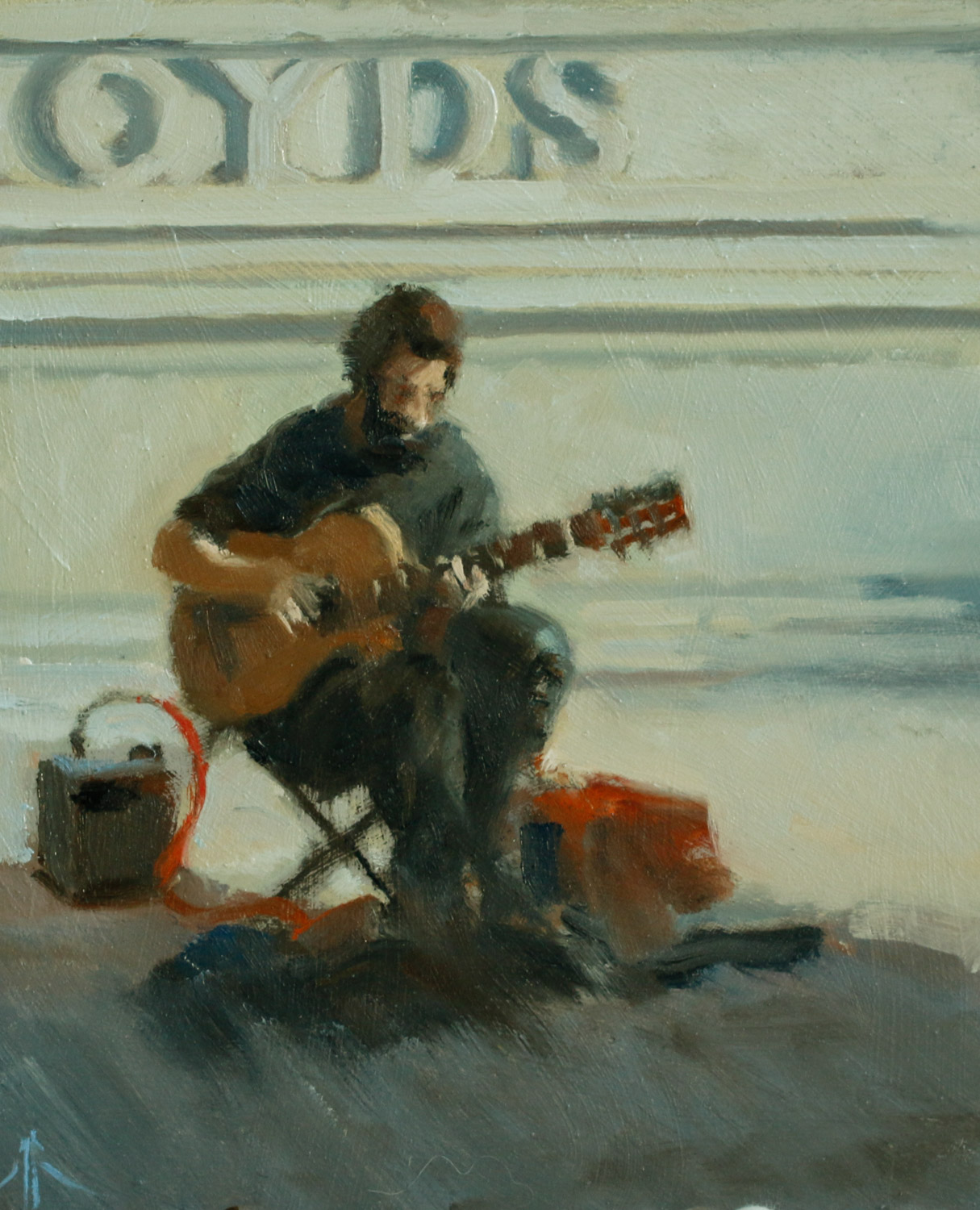 Artist Michael Richardson - A Banking Busker, £650 12x10 Oil on Board at Paint Out Norwich 2015