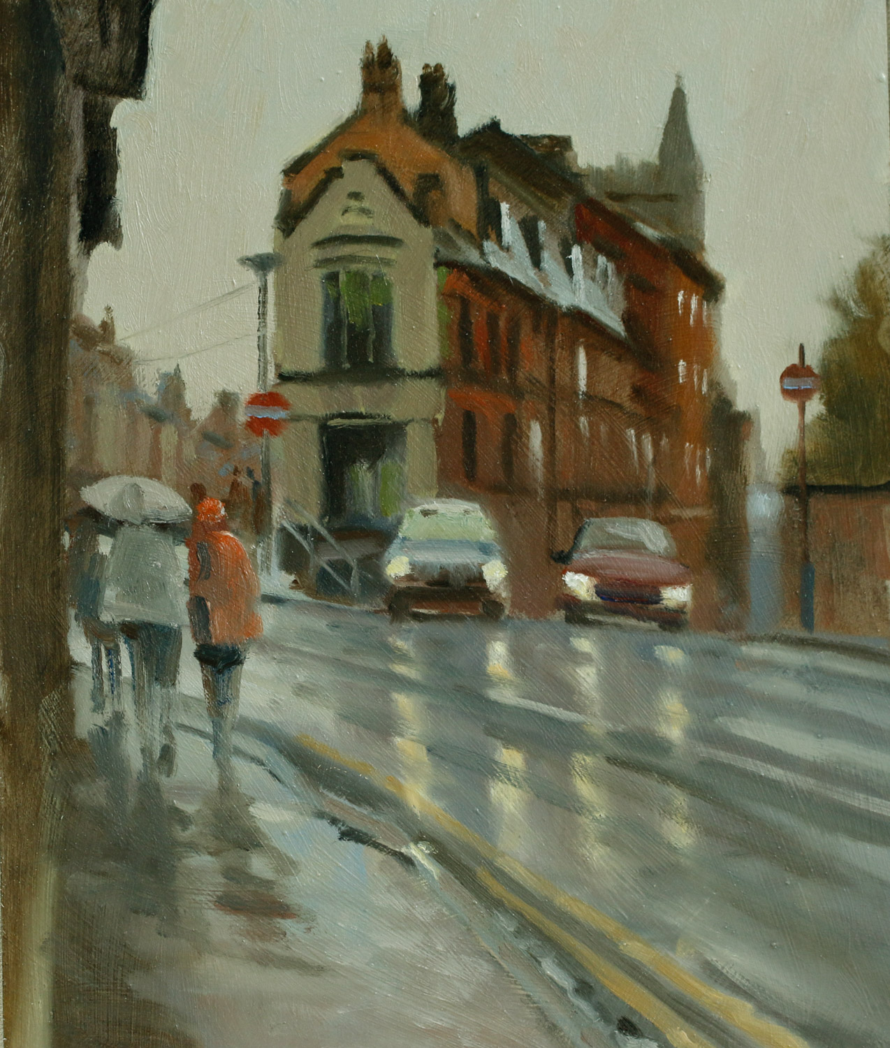 Artist Michael Richardson - Wet Morning, St Benedict Street 12x16 Oil on Board at Paint Out Norwich 2015