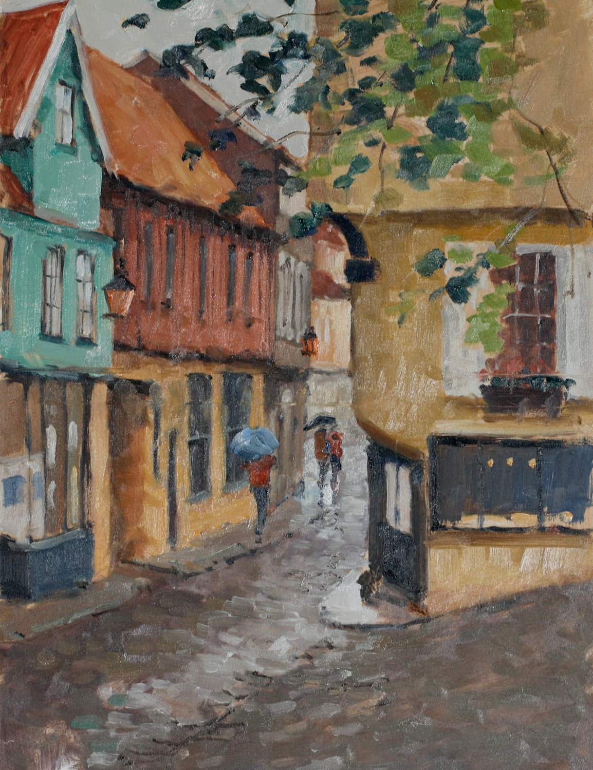 Artist Mo Teeuw - Rainy Day, Elm Hill, £390 12x12 Oil on Board at Paint Out Norwich 2015