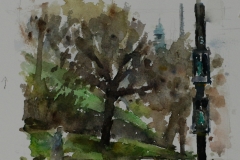 Artist Andrew Horrod - Green Bank, Green Tower, Green Men, £250 6x8 Watercolour on Paper at Paint Out Norwich 2015