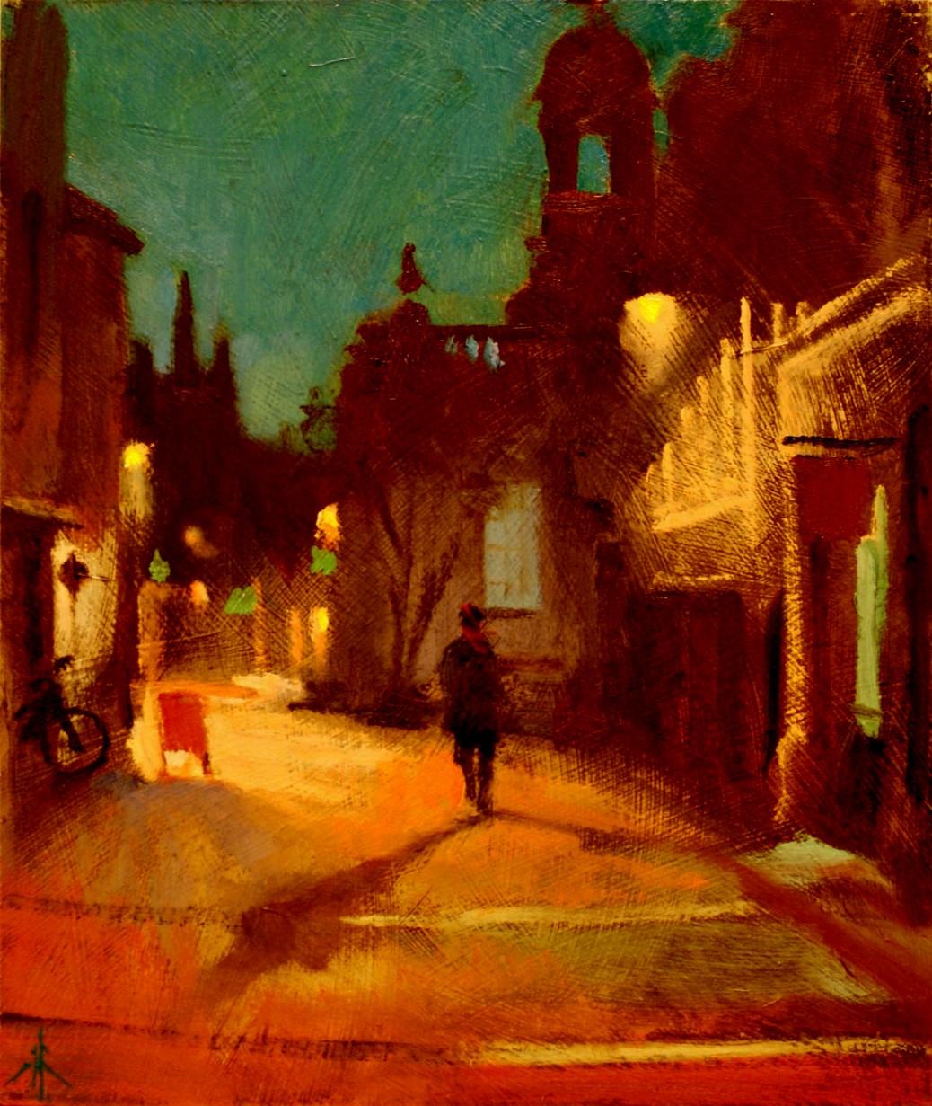 Artist Michael Richardson 'Night Time in the Lanes', London Street, £550 Oil, 20x10in, Paint Out Norwich 2016 - Nocturne Second Prize. Photo by Katy Jon Went