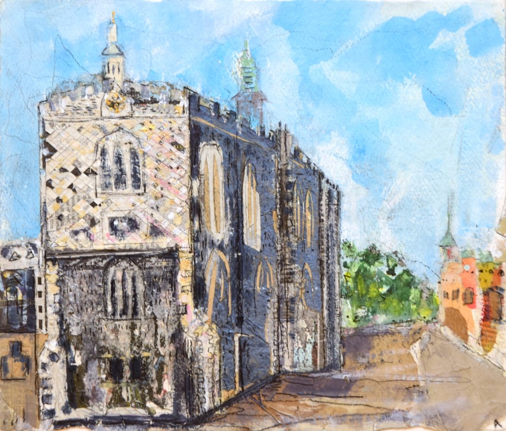 Artist Alfie Carpenter, Cool in the Cloisters, Mixed Media, 15x25cm, £180, Paint Out Norwich 2016. Photo by Simon Finlay