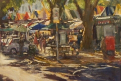 Artist Roger Dellar 'Light after the Rain', Market Square, £600 Oil, 12x12in, Paint Out Norwich 2016 - Oils Second Prize. Photo by Katy Jon Went