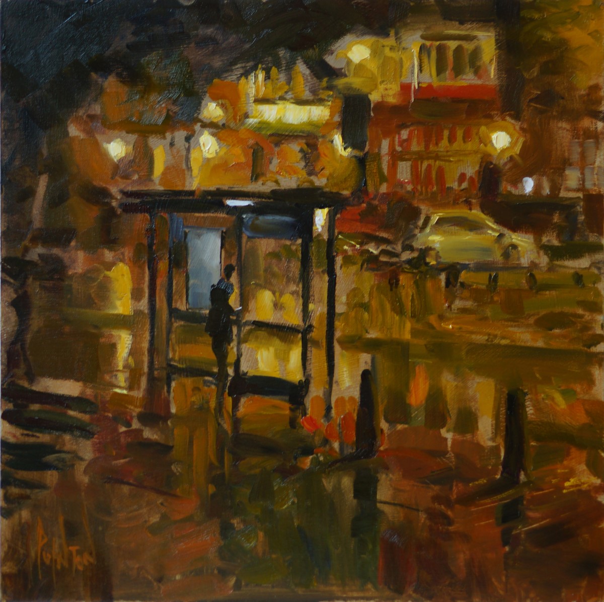 Rob Pointon, 'Waiting for the Night Bus', Tombland, Oil, 40x40cm, <a href="http://www.paintout.org/artists/rob-pointon#buy">FOR SALE</a>, £650