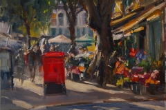 Artist Roger Dellar, 'Light Coming Through the Market', Norwich Market, Oil, 12x12in, £500. Paint Out Norwich 2018