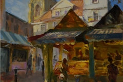 Artist Rob Pointon, 'Diagonal Light on the Seafood Stalls', Norwich Market, Oil, 40x40cm, £650. Paint Out Norwich 2018