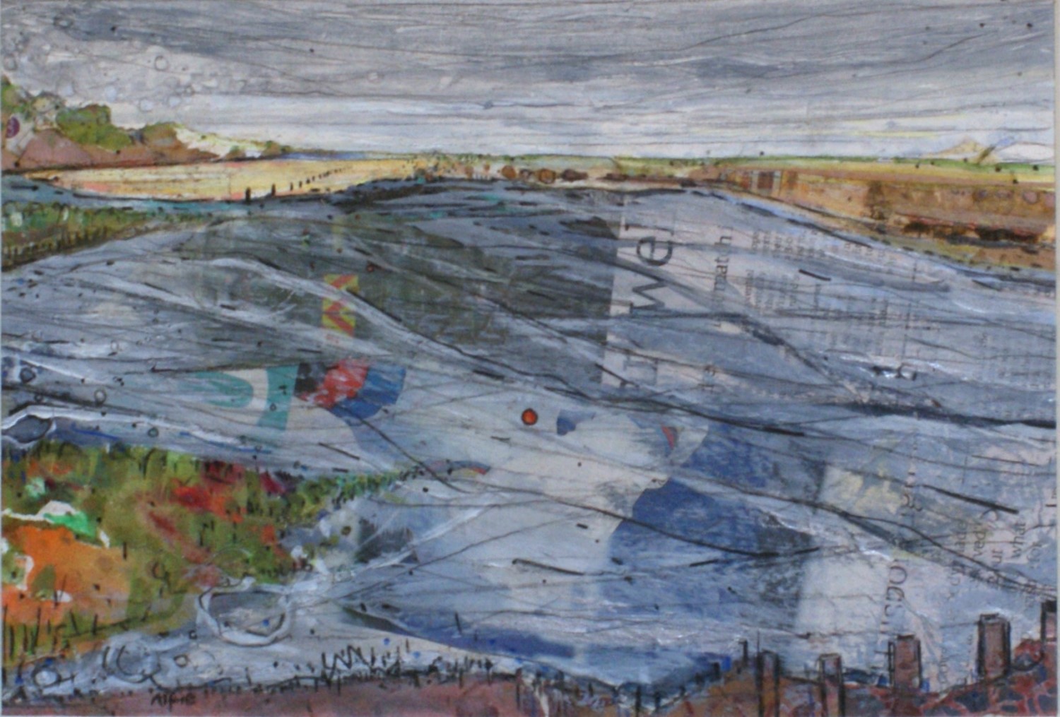 Artist Alfie Carpenter 'Wind and Waves, Scolt Head', Burnham Overy Staithe, SOLD Mixed media, 8 x 14 (Paint Out Wells 2016) photo by Katy Jon Went